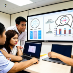 ** A dynamic team of Thai business professionals brainstorming around a table filled with laptops and documents. The atmosphere is collaborative and energetic, with a focus on innovation and problem-solving. In the background, a whiteboard displays a SWOT analysis diagram in Thai, highlighting "จุดแข็ง" (strengths), "จุดอ่อน" (weaknesses), "โอกาส" (opportunities), and "อุปสรรค" (threats).

**
